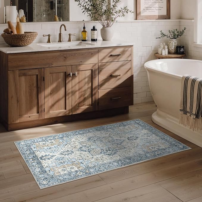 BESBLEE Runner Rug 2'6''x4, Non Slip Vintage Machine Washable Runner Rug, Low Pile Lighrweight Rugs for Entryway, Hallway, Kitchen and Corridor, Blue
