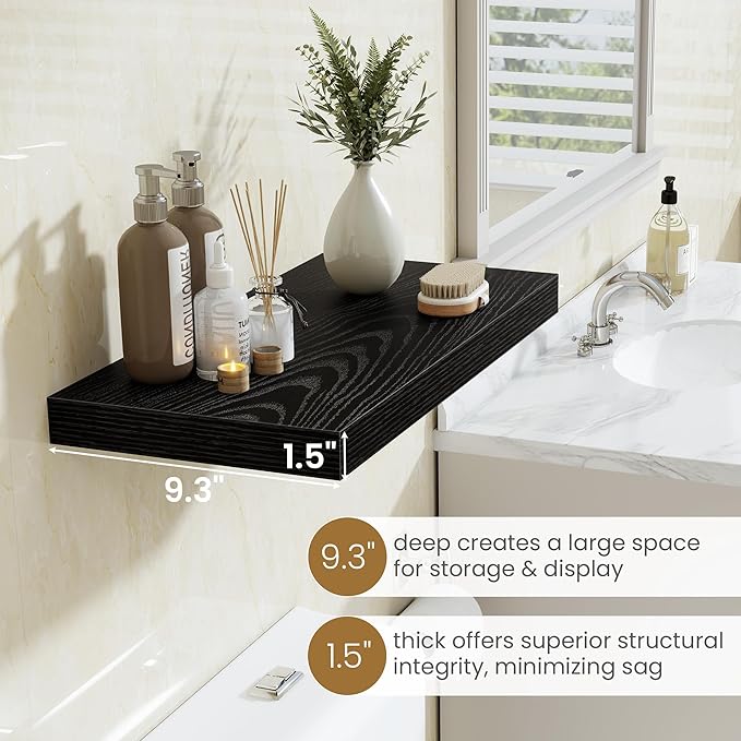 Fun Memories 48 Inch Floating Shelves in Black, 9.3 Inch Deep Floating Shelf for Bathroom Living Room Kitchen, Rusitc Wall Mounted Bathroom Shelves 1 Pack, Heavy-Duty Deep Shelf for Books Decor