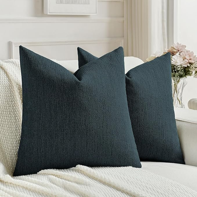 FUTEI Navy Blue Chenille Decorative Throw Pillow Covers 20x20 Inch Set of 2,Soft Cozy Faux Linen Textured Cushion Case,Farmhouse Home Decor for Couch Living Room
