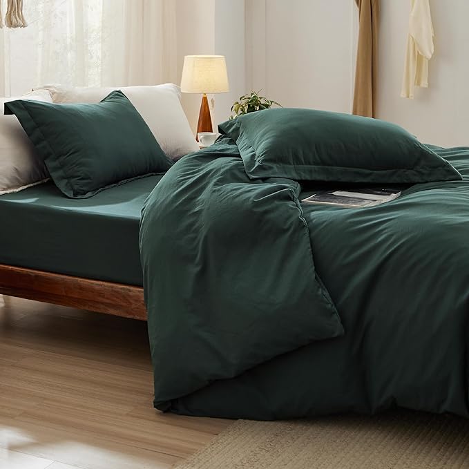 Bedsure Duvet Cover Full Size with Fitted Sheet - 4 Pieces Prewashed Cotton-Like Extra Soft Bedding Set, Includes 1 Duvet Cover 80x90 Inches, 2 Pillow Shams, 1 Fitted Sheet, Forest Green