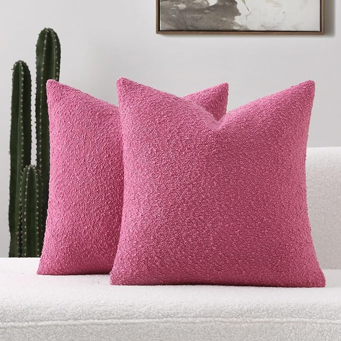 FUTEI Valentine's Day Pack of 2 Hot Pink Decorative Throw Pillow Covers 22x22 Inch Soft Cozy Solid Boucle Textured Cushion Case,Modern Home Decor for Couch Bed Living Room