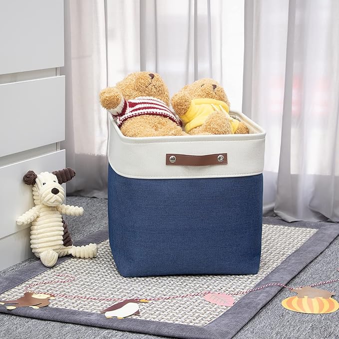 HNZIGE Baskets Fabric Storage Cubes Bins Baskets(3 Pack) Storage Baskets Cube for Shelf, Large Collapsible Organizer Closet Baskets,13x13 Toy Baskets with Leather Handle(White&Blue)