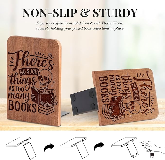 Book Lover Gifts for Women Men, Skull Bookends, Novelty Bookends Unique, Heavy Duty Wooden Book Ends for Shelves Decorative(1 Pair, 4.72x6.69 Inches) - NoSuch