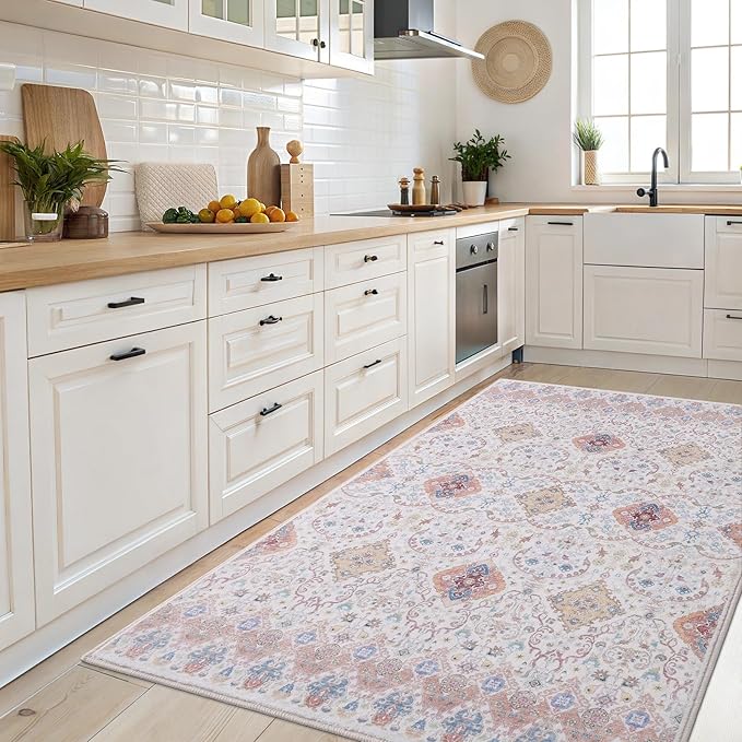 Vanmoos 4x6 Area Rug - Machine Washable, Non-Slip Soft Carpet for Living Room, Bedroom, Office, Dining Room - Durable Accent Rug for Farmhouse & High-Traffic Areas, Charm/Beige