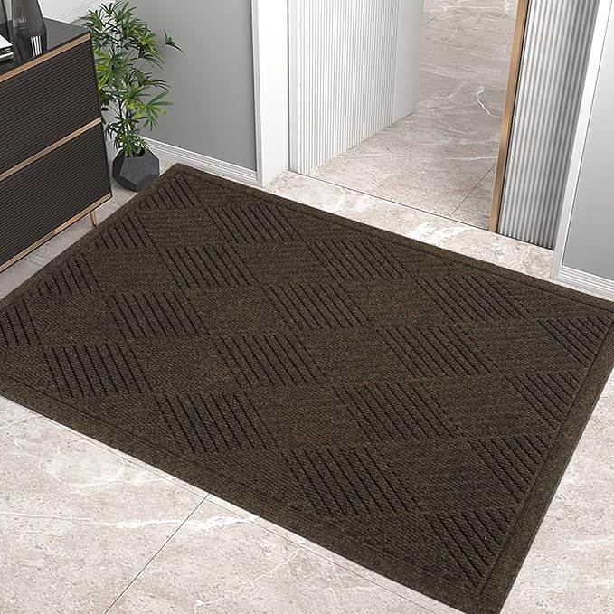 HIYARD Sturdy Front Door Mat, Absorbent Muddy Dirt Resist Welcome Door Mats Outdoor Indoor, Stain and Fade Resistant, Non-Slip Rubber Backing Low Profile Doormat for Entryway, 47×32, Brown