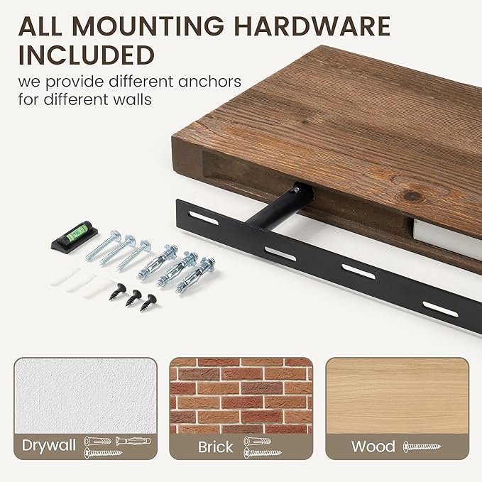 Marsmiles Floating Shelves | 24 Inch Dark Wood Wall Shelves Set of 2 | 9.3 Inch Deep Rustic Reclaimed Wood Shelves for Room Wall | Farmhouse Floating Shelves for Living Room Bathroom
