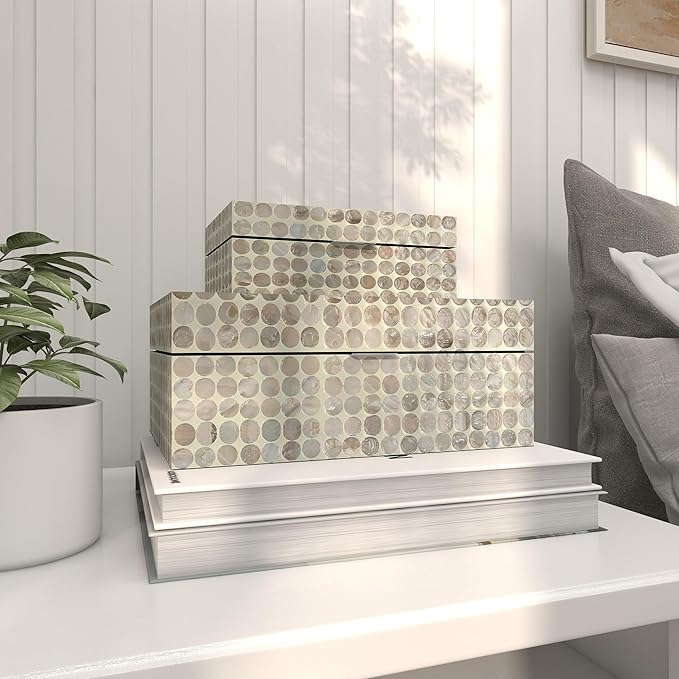 Deco 79 Mother of Pearl Shell Geometric Handmade Decorative Box Decorative Keepsake Boxes with Hinged Lid, Set of 2 Storage Boxes 12", 8"W, Cream