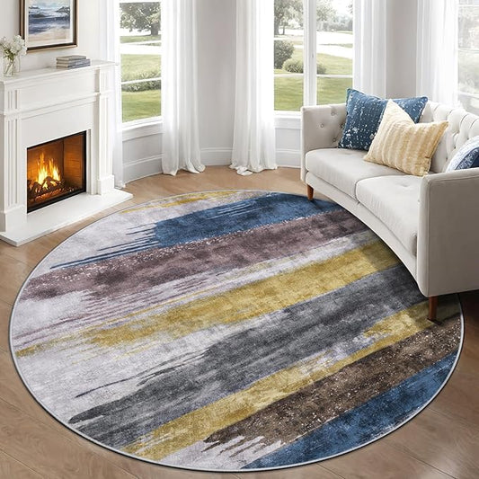 Ciicool 5ft Round Washable Rug, Modern Abstract Circle Rugs, Non-Slip Thin Lightweight Rug Yellow Blue Circular Print Distressed Carpet for Bedroom Living Room Under Dining Table Home Office Decor