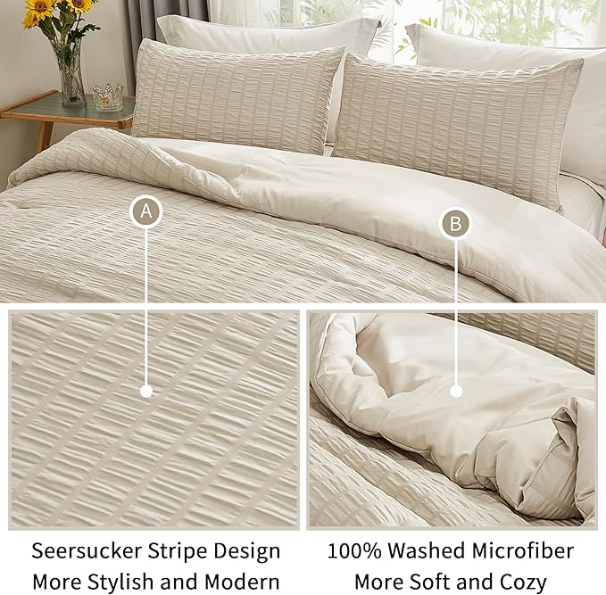 AveLom Beige Seersucker King Comforter Set (104x90 inches), 3 Pieces-100% Soft Washed Microfiber Lightweight Comforter with 2 Pillowcases, All Season Down Alternative Comforter Set for Bedding