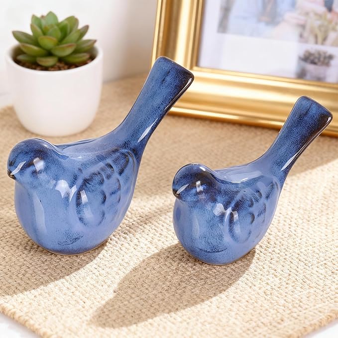 LCCCK Ceramic Bird Figurines Home Decor, Blue Love Birds Statue for TV Stand Accent, Ceramic Snimals Sculpture Farmhouse Small Decor for Shelves, Or Coffee Table, Book Shelf, Side Table Decorative