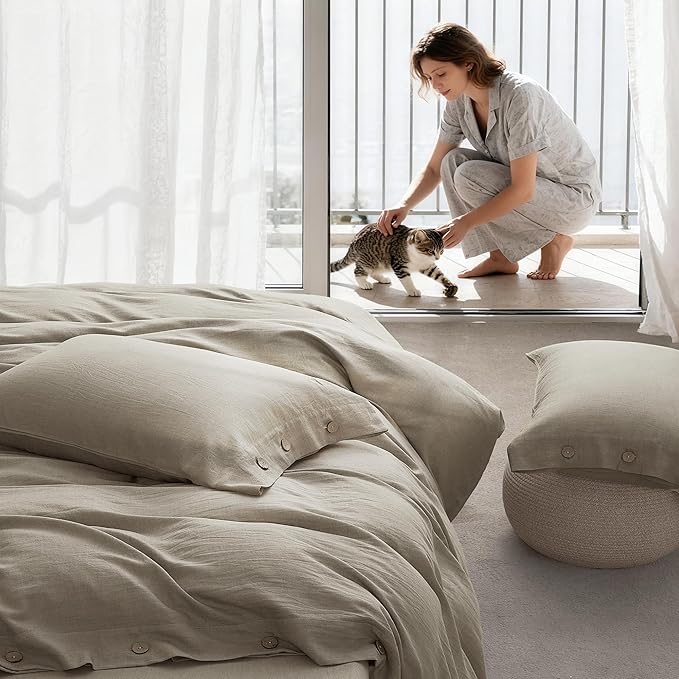 JELLYMONI Cotton Duvet Cover Full Size - Taupe Comforter Cover with Button 100% Washed Cotton 3PCS Breathable Soft Solid Bedding Set Duvet Cover 80×90in & 2 Pillowcases (NO Comforter)