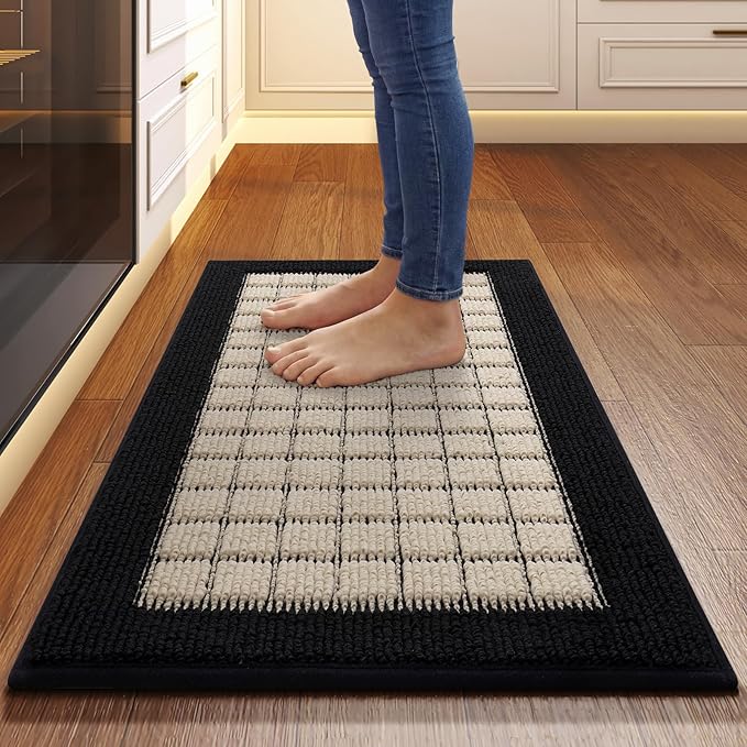 Kitchen Mats for Floor 17"x30", Non-Slip Washable Kitchen Rugs, Absorbent and Stain Resistant Kitchen Rug, Durable Comfortable Rugs for Kitchen, Hallway, Laundry & Sink, Black