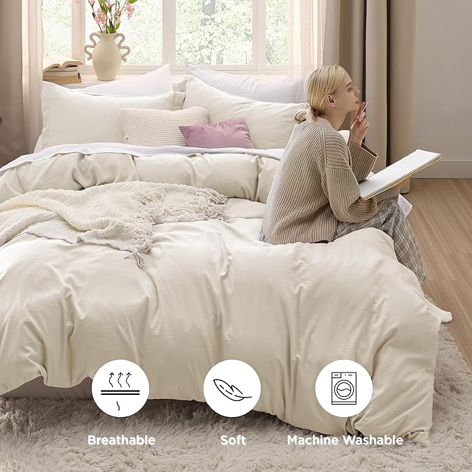 Bedsure Oat Milk Oversized King Duvet Cover - 3 Pieces Prewashed Cotton-Like Extra Soft Bedding Set, Includes 1 Duvet Cover 120x98 Inches with Zipper Closure & 2 Pillow Shams, Comforter Not Included