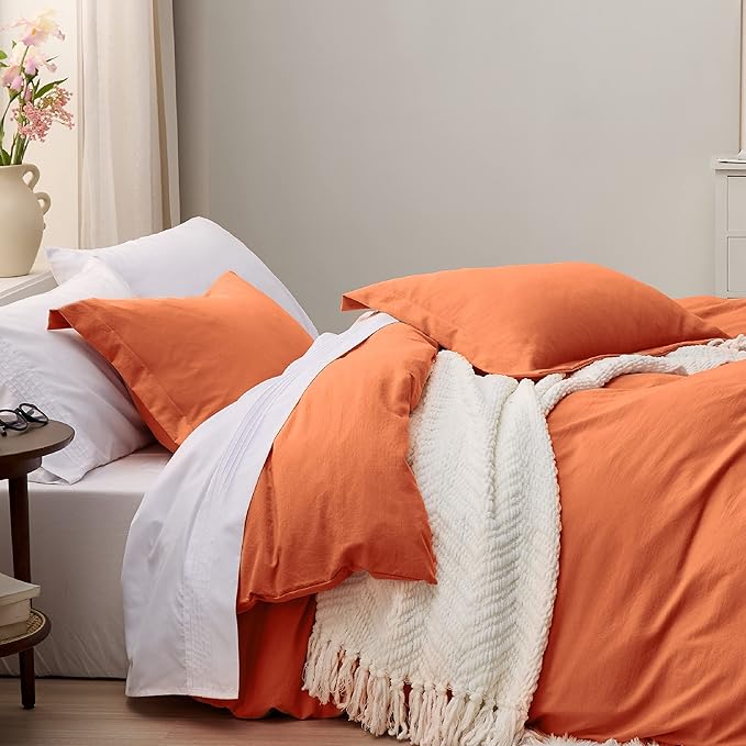 Bedsure Burnt Orange Duvet Cover Queen Size - 3 Pieces Prewashed Cotton-Like Extra Soft Bedding Set, Includes 1 Duvet Cover 90x90 Inches with Zipper Closure & 2 Pillow Shams, Comforter Not Included