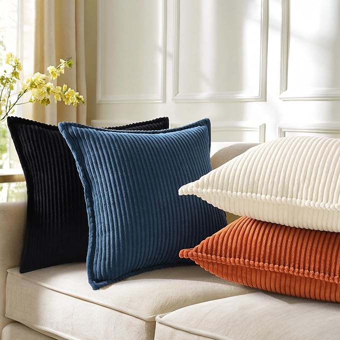 decorUhome Spring Corduroy Black Throw Pillow Covers 20x20 Set of 2 Decorative Soft Boho Farmhouse Couch Pillow Covers for Living Room Bed Sofa Broadside Striped Pillow Cases