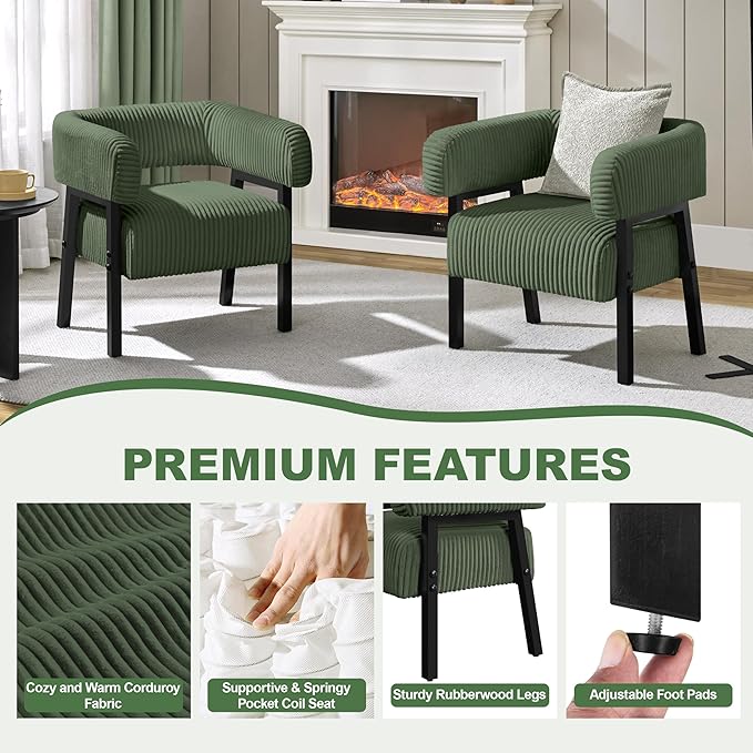 Yaheetech Corduroy Barrel Accent Chair, Modern Upholstered Armchair with Solid Wood Legs, Cozy Leisure Chair with Pocket Coiled Seat for Living Room, Bedroom, Reading Nook Dark Green