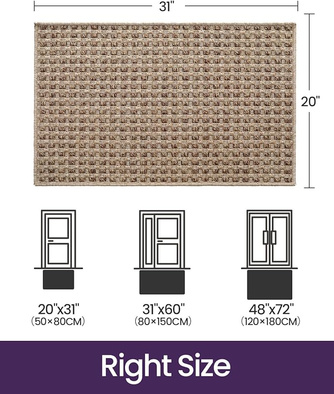 DEXI Dirt Trapper Door Mat, 20x31 Washable Doormat, Dirt Resistant and Absorbent, Easy Clean Low-Profile Floor Rugs for Entryway, Front Door, and Inside Entrance, Checkered Beige