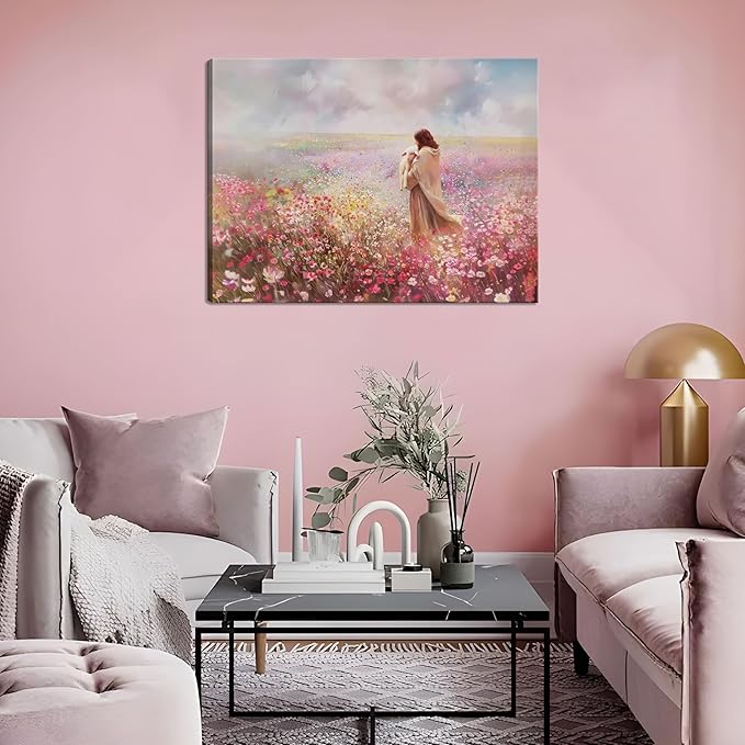 Jesus Embraces Lamb Canvas Wall Art, Pink The Lost Lamb Christian Wall Decor Paintings, Jesus Leaves the 99 Sheep Bible Stories Posters Prints for Church Living Room Bedroom 16x24 Inch Framed