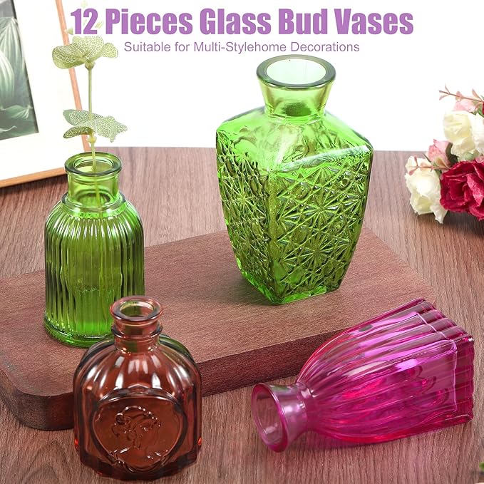 12 Pcs Glass Bud Vases in Bulk,Mini Vintage Flower Vases for Centerpieces,Colored Small Vases for Flowers,Glass Bottles for Home Wedding PartiesTable Decoration (Many Colors)