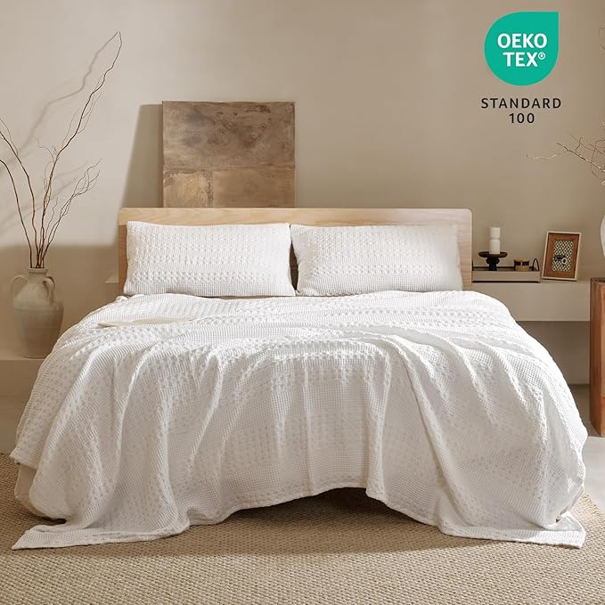 PHF 100% Cotton Waffle Weave Blanket Queen Size for Bed, Soft Lightweight & Breathable, All-Season Comfort, 300 GSM Luxury Aesthetic Blanket for Home Decor, 90"x90", White