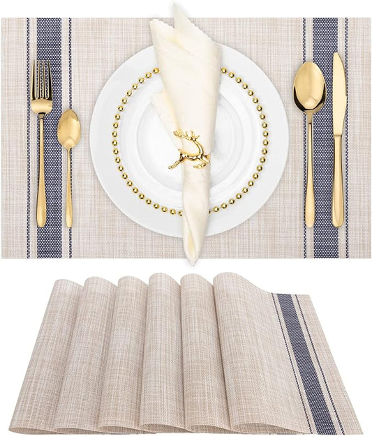 Winknowl Placemats Set of 6, Heat Resistant Non-Slip Vinyl Woven Table Mats for Dining Table, Washable Durable Elegant Place Mats for Kitchen Indoor/Outdoor Use (Beige Blue)