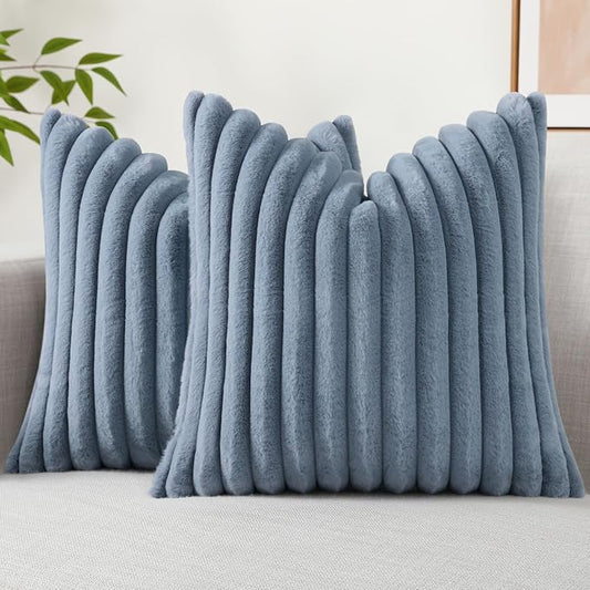 decorUhome Faux Fur Spring Throw Pillow Covers 16x16 Set of 2, Decorative Soft Plush Striped Neutral Couch Pillow Covers with Velvet Back for Sofa, Bed, Living Room Home, Grey Blue