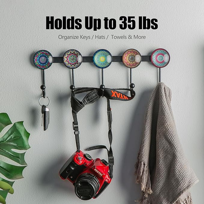 Boho Coat Rack Wall Mounted with 5 Hooks, Multi-Color Mandala Pattern Decorative Wall Hooks for Hanging Hat, Key, Towel, Purse, Bag, and Robe - for Entryway, Bathroom, and Office