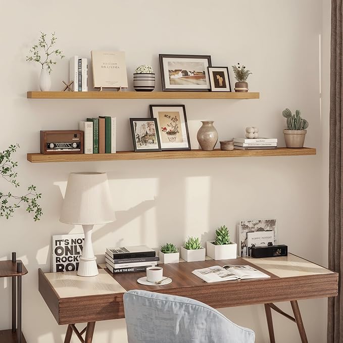 Fun Memories 55 Inch Floating Shelves, USA-Sourced Rustic Elm Wood Floating Shelves Wall Mounted, Wall Shelves with Invisible Bracket for Living Room Bathroom Bedroom Kitchen(Natural, 55"x 8")