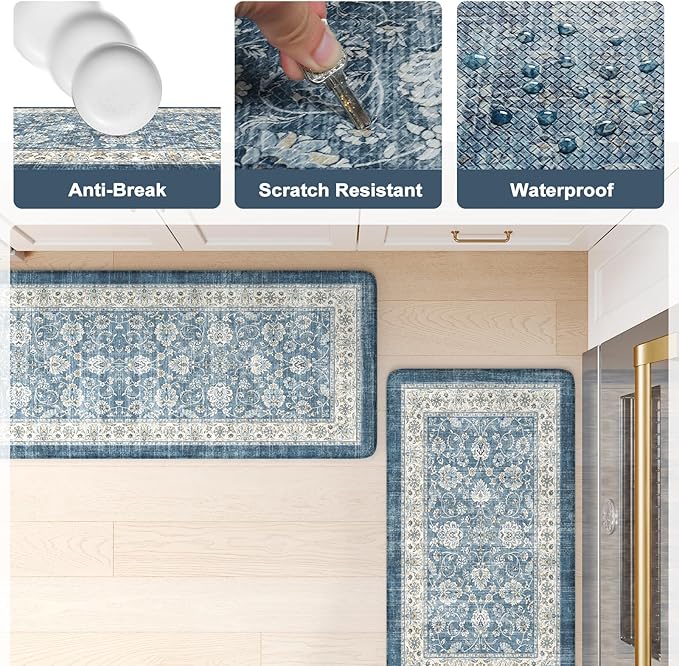 KIMODE Anti Fatigue Kitchen Mats 17.3" x 47"+17.3" x 29", Boho Blue Kitchen Rugs Sets of 2, Non Slip Waterproof Kitchen Floor Mats, Vintage Memory Foam Kitchen Mat for Sink, Laundry, Desk