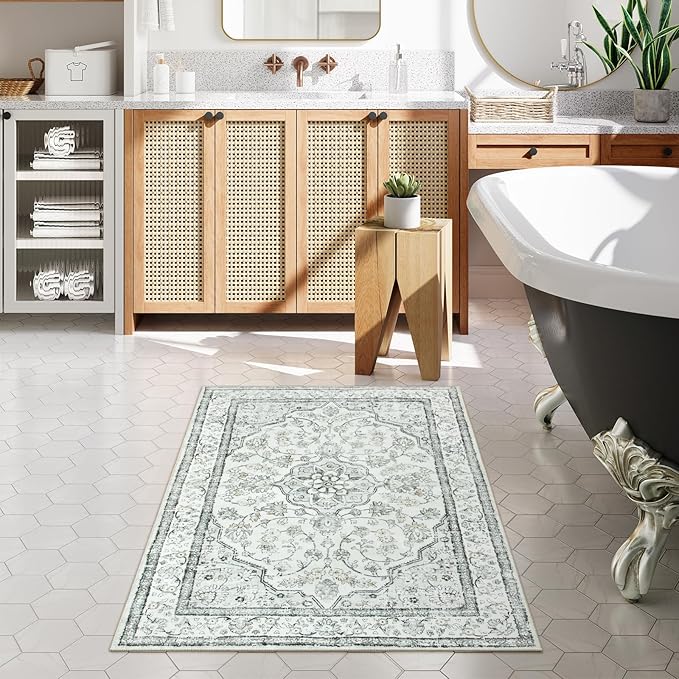 Lahome Oriental 3x5 Rug,Washable Entry Rugs for Inside House Non-Slip,Boho Grey Rugs for Living Room,Traditional Vintage Bathroom Carpet Thin Throw Rug for Bedroom Entryway Kitchen,(3x5ft,Light Gray)