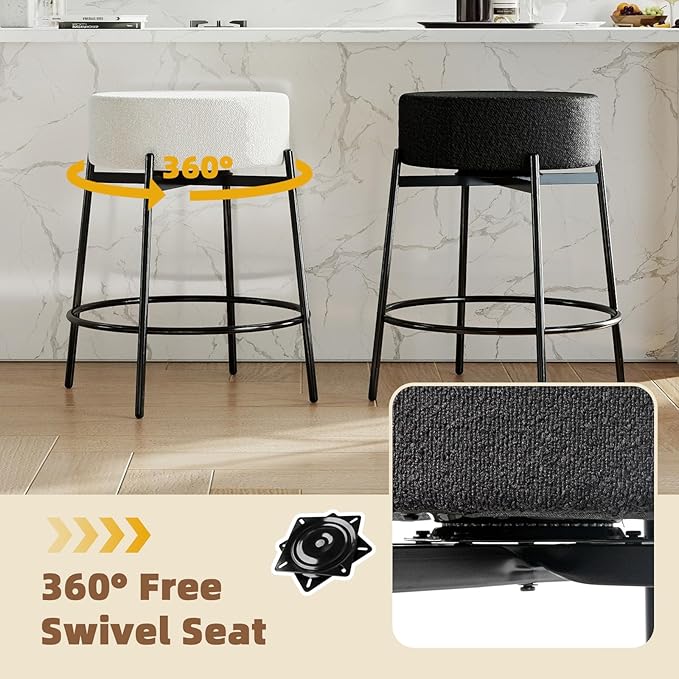 SoarFlash Modern Rotatable Bar Stools Set of 2, 24" Sherpa Swivel Counter Height Stools with Round Soft Padded Boucle Backless Seat, Black