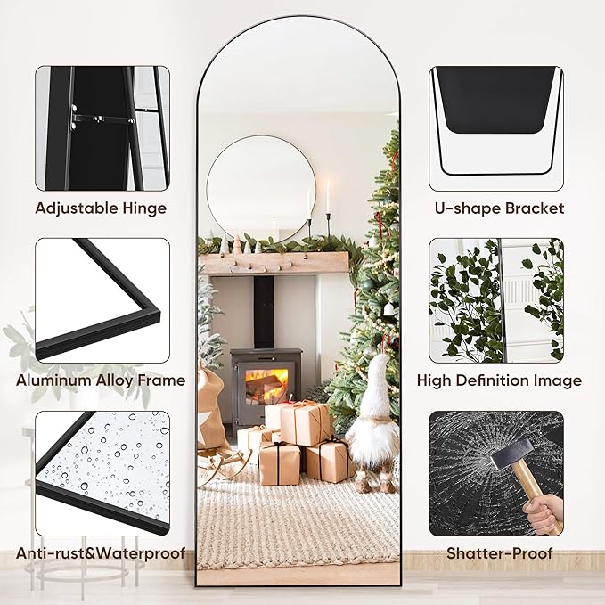 Suidia Arched Full Length Mirror, 65"x22" Floor Mirror Freestanding, Floor Standing Full Body Mirror with Stand for Bedroom, Hanging Leaning Mounted for Living Room Cloakroom, Black