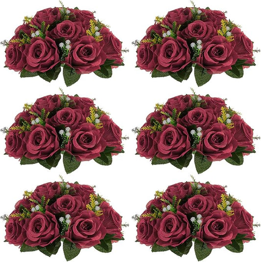 NUPTIO Flower Ball Arrangement Bouquet - 6 Pcs 9.5 inch Diameter Burgundy Fake Flowers Roses Balls for Centerpieces Tables - Artificial Rose Arrangements for Wedding Centerpiece Table Decorations
