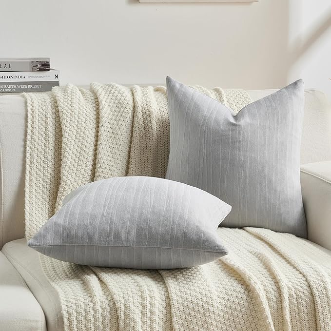 FUTEI Light Grey Chenille Decorative Throw Pillow Covers 16x16 Inch Set of 2,Soft Crushed Striped Texture Cushion Case,Modern Home Decor for Couch Bed Living Room