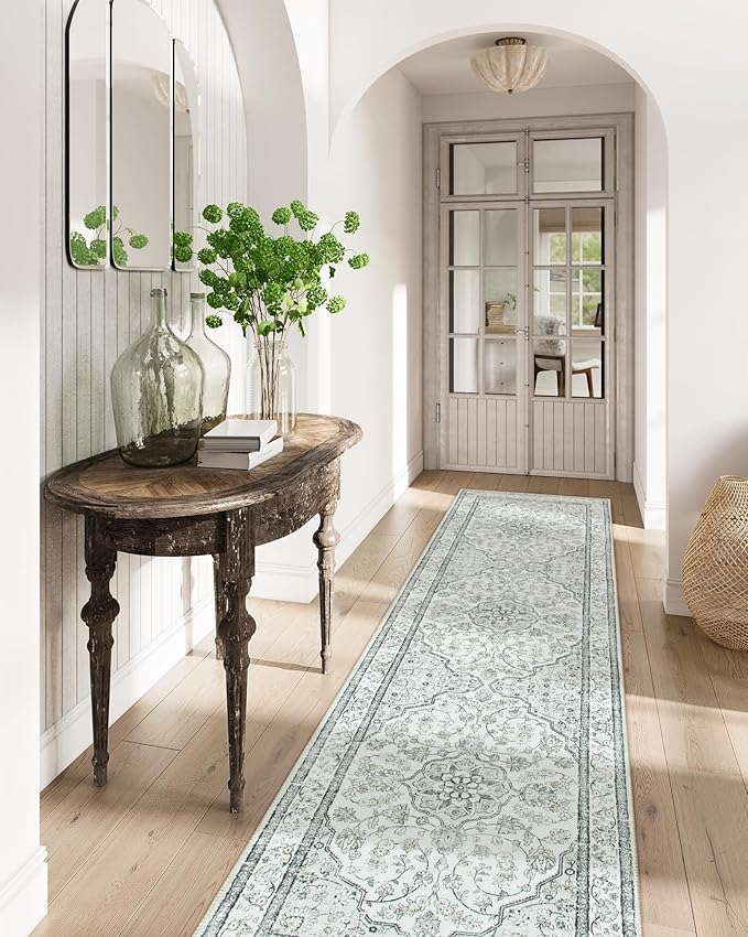 Lahome Oriental Washable Runner Rug,2.5x8 Long Bedroom Rug Runner Non-Slip,Runner Rug for Entryway Indoor,Traditional Laundry Room Rug Runner Low-Pile for Kitchen Hallway,(8ft,Light Gray)
