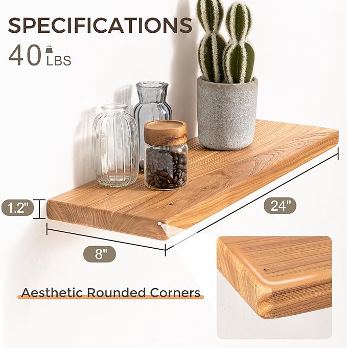 24" Rustic Elm Wood Floating Shelves, 8 Inch Deep Wall Shelves for Home Decor, Wall Mounted Floating Shelf with Invisible Bracket, Heavy-Duty Storage & Display Shelf for Living Room, Kitchen, Set of 2