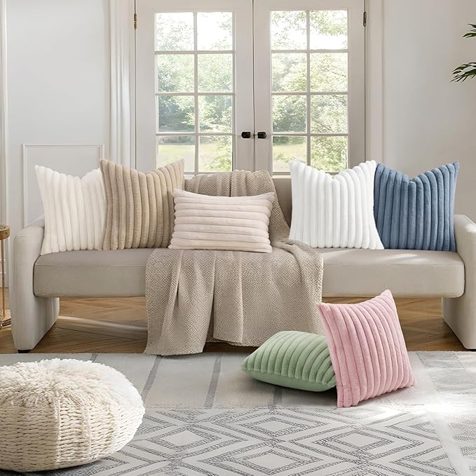 decorUhome Faux Fur Spring Throw Pillow Covers 26x26 Set of 2 Decorative Soft Plush Striped Neutral Couch Euro Sham Pillow Covers with Velvet Back for Sofa Bed Living Room Home Valentines, Pink