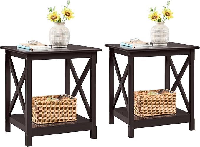 Yaheetech X-Design End Tables Set of 2, Sofa Side Table with Storage Shelf, 2 Tier Side Stand Small Table for Living Room Sofa Study, Easy Assembly, Dark Coffee