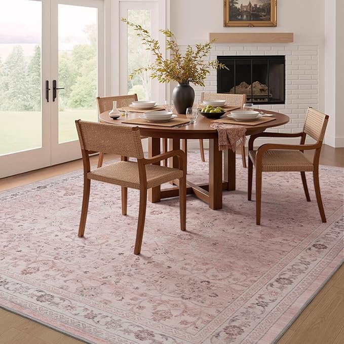 MontVoo-Vintage Area Rug 6X9 Pink Rugs for Living Room-Soft Distressed Printed Rugs for Bedroom-Non Slip Carpet-Machine Washable Rug for Dining Room Living Room Bedside Office