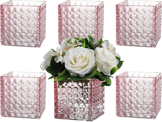 Square Vases Set of 6, 5" x 5" x 5" Square Glass Vases for Flowers, Pink Flower Vase for Centerpieces, Small Bubble Vase for Wedding, Party, Home, Office, Parties, Events