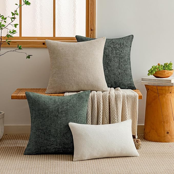 a moment Christmas Dark Green Chenille Throw Pillow Covers 16x16 Inch Pack of 2 Modern Decorative Throw Pillow Covers Farmhouse Cross Covers Home Decor for Sofa Bedroom Living Room