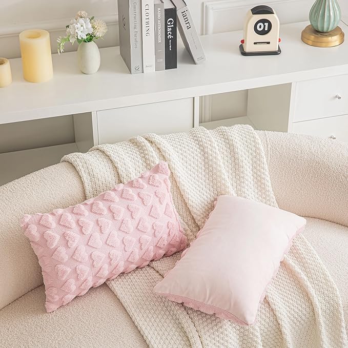 AQOTHES Set of 2 Heart Love Cute Pink Decorative Valentines Throw Pillow Covers 12x20, Soft Plush Faux Fur Pillow Covers for Couch Sofa Home Valentines Day Decoration