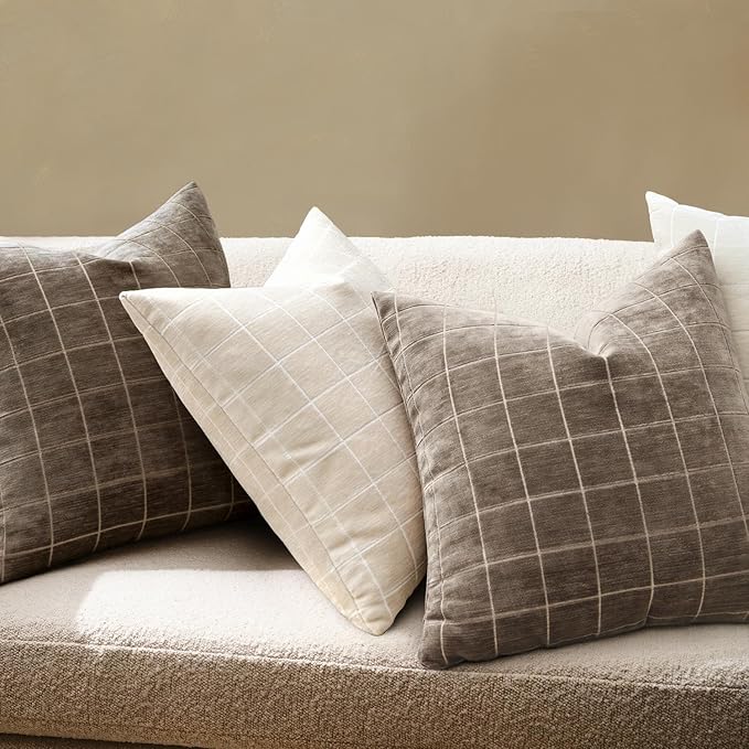 MIULEE Decorative Chenille Check Euro Shams Throw Pillow Covers Vintage Plaid Couch Pillows 26x26 Inch Set of 2 Neutral Boho Cushion Covers Modern Spring Decor for Sofa Bed Living Room Taupe Grey