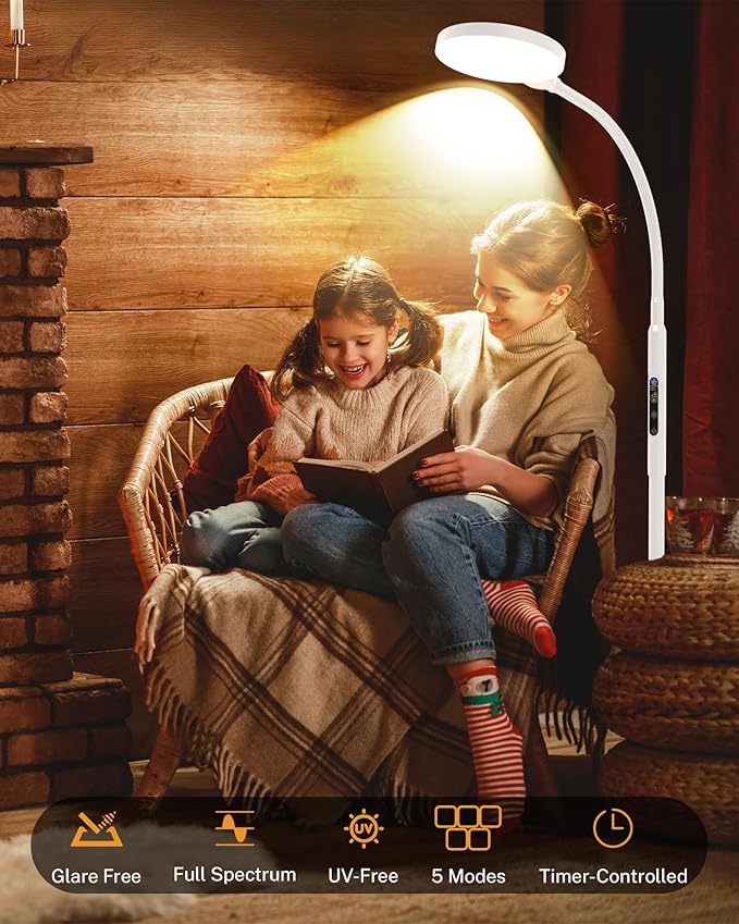 MirthSip Sunlight Lamp, 11000 Lux Full Spectum UV-Free LED Sun Light Floor Lamp with 5 Modes, 3 in 1 Mount, CRI97 Adjustable 10 Brightness/Timer/Memory, White