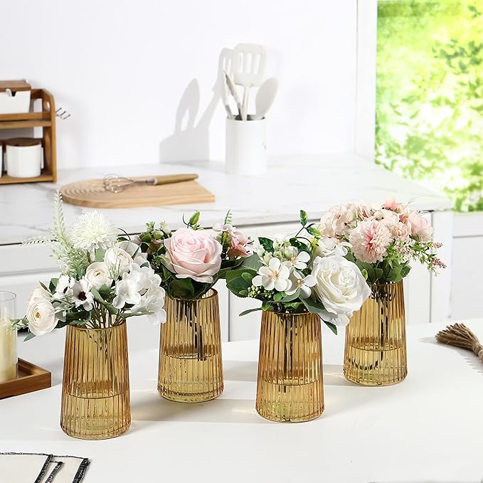 Amber Glass Vases Set of 4, Small Vases for Flowers, Flower Vase for Bouquet, Modern Ribbed Glass Vase for Living Room, Bedroom, Dining Table, Office, Wedding, Centerpieces