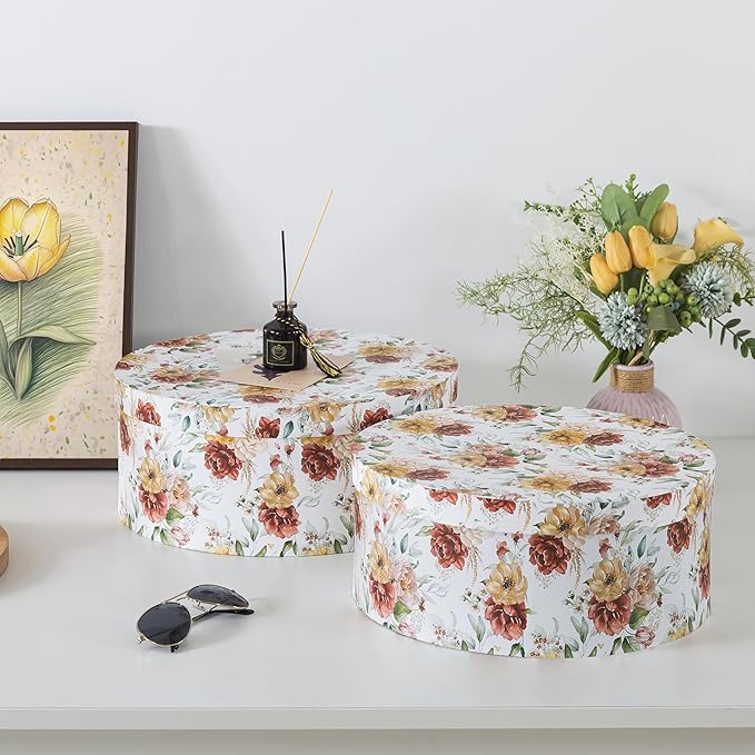 Soul & Lane Large Oval Cardboard Decorative Storage Boxes with Lids - Autumnal Elegance, Set of 2, Nesting Cardboard Storage for Flowers and Gifts, Memory Boxes for Keepsakes and Organizing