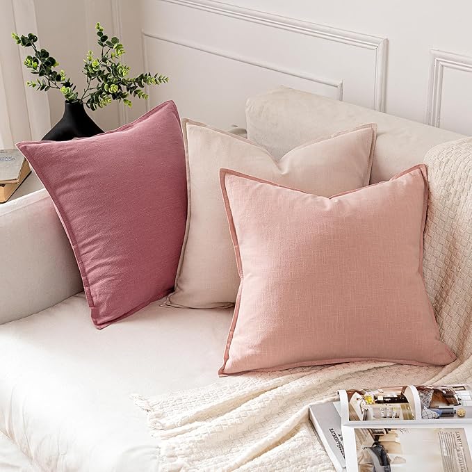 MIULEE Decorative Linen Pillow Covers 18x18 Inch Light Pink Boho Farmhouse Neutral Valentine Spring Couch Throw Pillows for Bed Pack of 2 Accent Modern Pillowcase Sofa Livingroom Home Decor