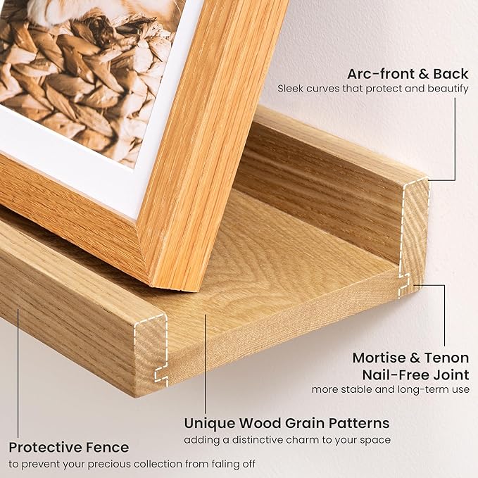 Solid Ash Wood Picture Ledge Shelf, 24 Inch Wood Floating Shelves with Lip Set of 2, Photo Ledge Shelf Nursery Bookshelf Wall Mounted for Living Room Bedroom Decor, Natural