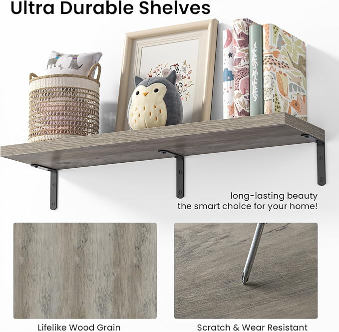 Marsmiles Extra Wide Floating Shelves for Wall, 32x8 Inch Natural Wood Grain Bookshelves, Heavy Duty Mounted Shelving for Bathroom, Kitchen, Living Room, Bedroom,Set of 2，Grey