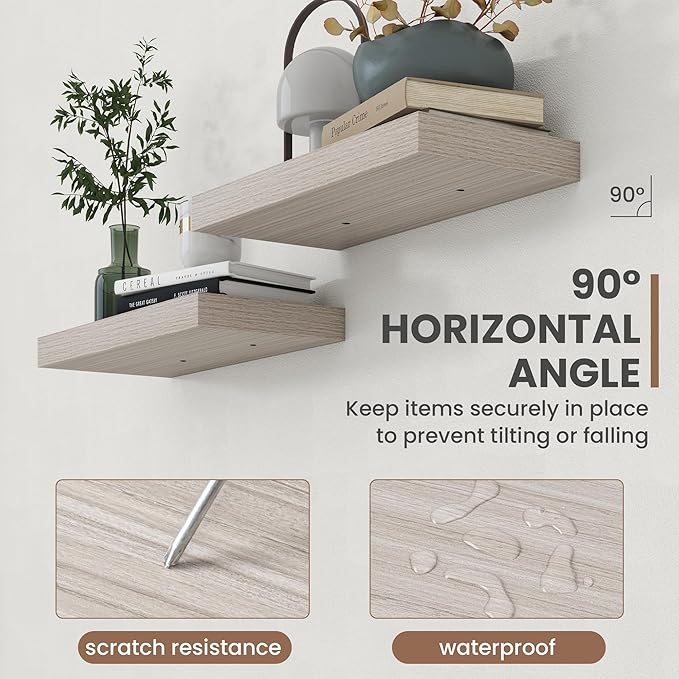 36 Inch Floating Shelves, 8 Inch Deep Floating Shelves for Wall, Hanging Shelf with Invisible Brackets, Deep Shelves for Bathroom, Bedroom, Living Room, Grey, Set of 2